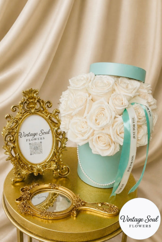 Vintage Rose Flower Arrangement in a Round Box (multiple options available)