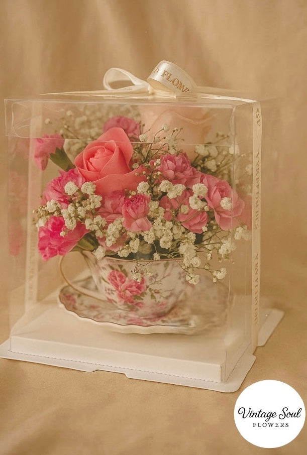 Vintage Tea Cup & Saucer Freestyle Flower Arrangement (multiple colors available)