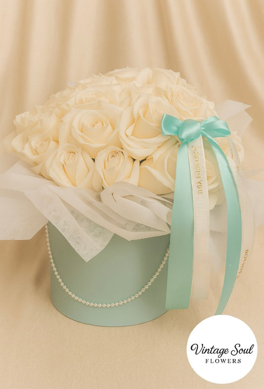 Vintage Rose Flower Arrangement in a Round Box (multiple options available)